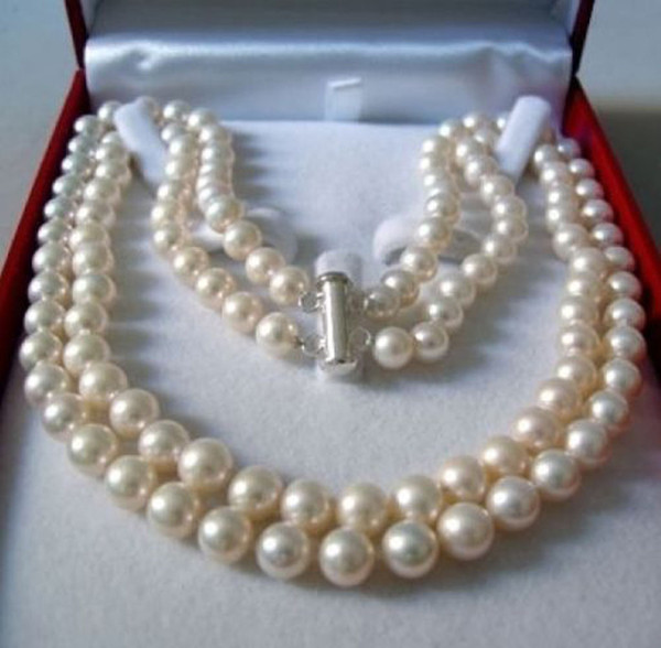 Fashion 2Rows 8-9mm Natural White Akoya Cultured Pearl Hand Knotted Necklace
