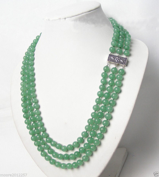 3rows 8mm natural genuine green jade necklace 17~19