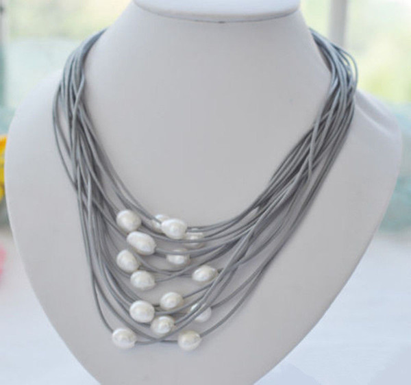 New fashion 11-13mm white black gray rice pearl gray/black leather necklace