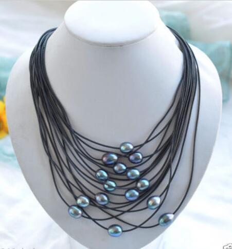 New 15row 11-13mm Black Rice Pearl Black Leather Necklace