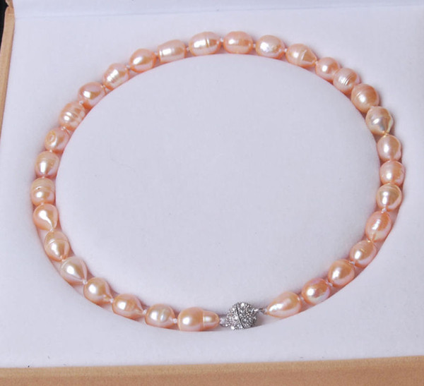 Big 11-13MM Natural Rice Pink akoya cultured pearl necklace Magnet Clasp 18