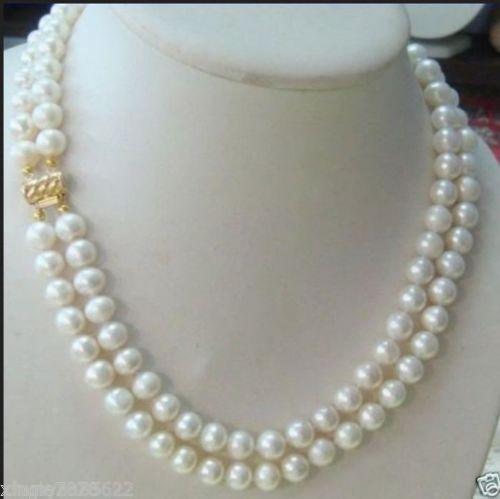 hot 2 row 7-8MM AKOYA REAL WHITE PEARL NECKLACE 18-19 inch