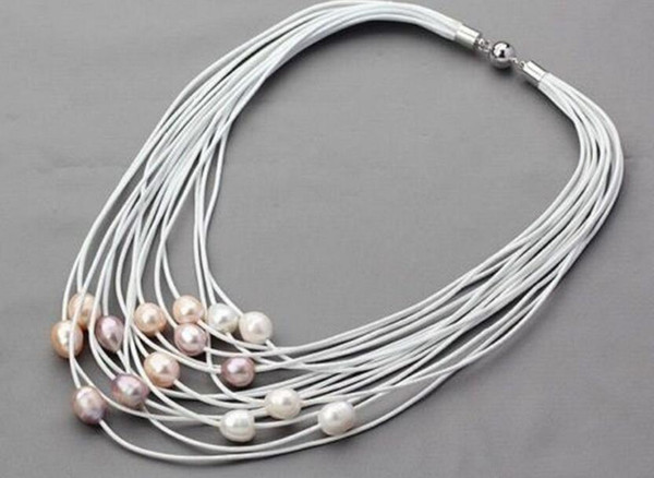 11-12mm White & pink Freshwater Pearl on Leather Multi-Strand Necklace