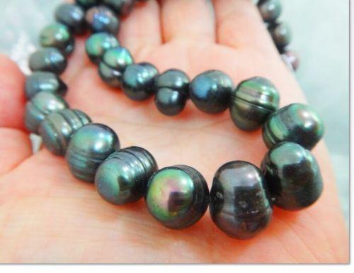 18''10-11mm Genuine BLACK TAHITIAN pearl necklace14K