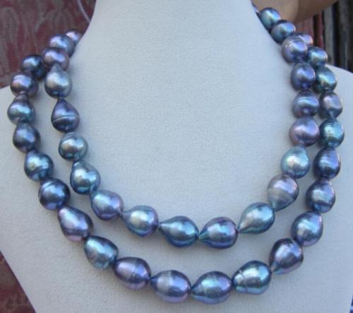2 ROW AAA12-14MM NATURAL SOUTH SEA BAROQUE BLACK PEARL NECKLACE 14K