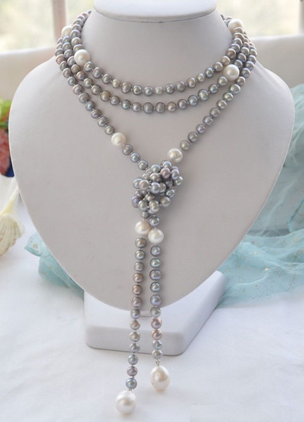 long Pretty design 7-10mm south sea gray white pearl necklace 58