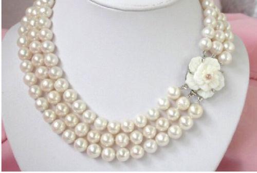 3 ROW New 9-10mm Natural South Sea white Pearl Necklace 17-19 inch