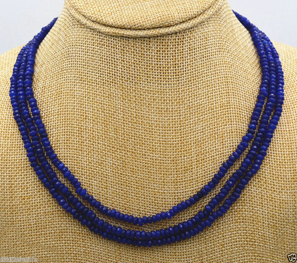 New NATURAL 3 Rows 2X4mm FACETED DARK Blue Sapphire BEADS NECKLACE