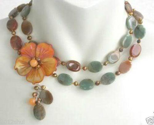 Amazing Agate Golden Shell Flower Clasp & Pearl Necklace 18-19