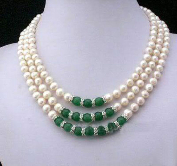 Details about 7-8MM Natural White Akoya Cultured Pearl & Green Jade Hand Knotted necklace