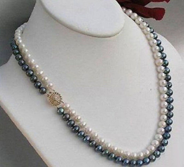 2Rows 8-9mm Natural Black /White Akoya Cultured Pearl Hand Knotted Necklace
