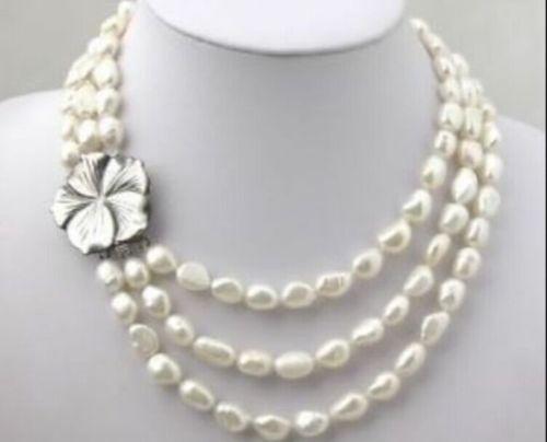 Charming! 3 Rows White Freshwater Pearl Necklace 7-8mm