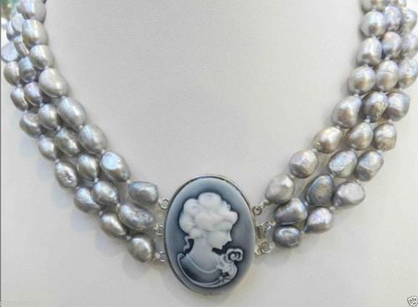 3 ROWS SILVER GRAY CULTURED PEARL NECKLACE EMBOSSED QUEEN'S AVATAR CLASP