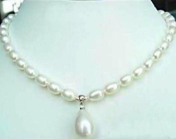 7-8MM Real White Akoya Cultured Pearl/Shell Pearl Pendant(12x16MM) Necklace 18