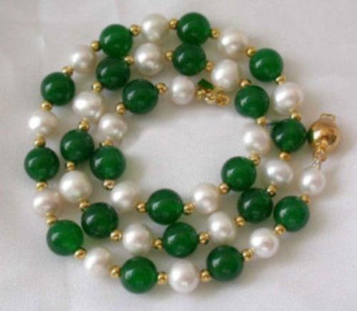 7-8MM White Akoya Pearl & Emerald Necklace 18'' AAA