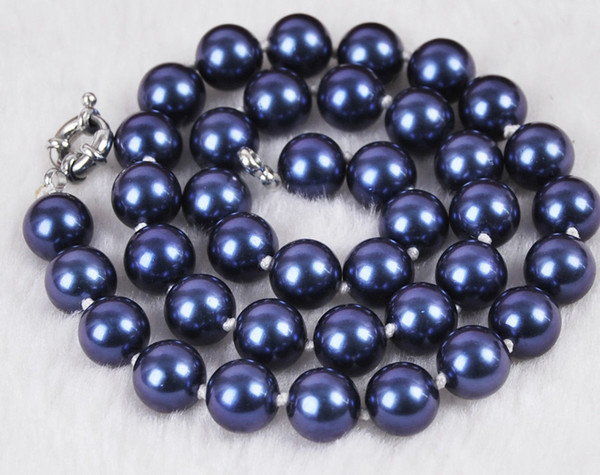 12mm South Dark Blue Shell Pearl Round Beads Necklace 18