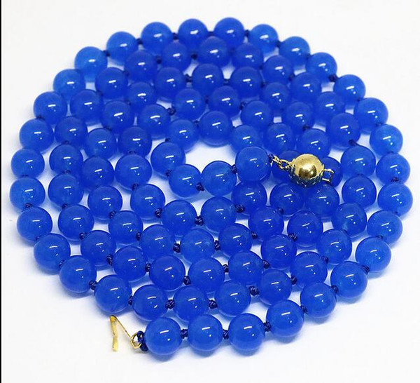 10mm blue sapphire jade round beads women necklace 48inch