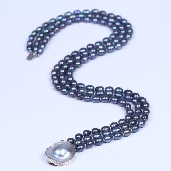 Women Natural 3 Rows 8-9mm Black Freshwater Rice Pearl Shell Clasp Necklace Strands