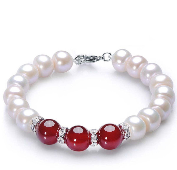 Women's 7-8mm Natural White Pearl & 10mm Red Jade Bracelet 7.5''