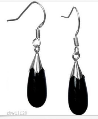 Fashion Sterling Black Agate Bead Water Drop Dangle Hook Earrings