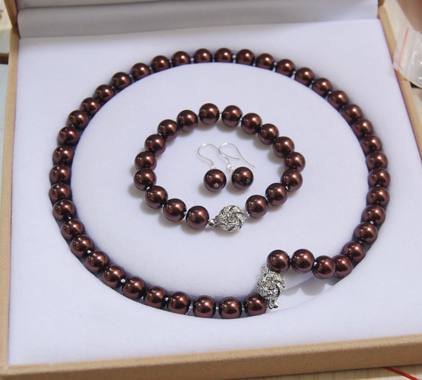 Fashion 8-12mm Chocolate Shell Pearl Round Beads Necklace Bracelet Earrings AAA