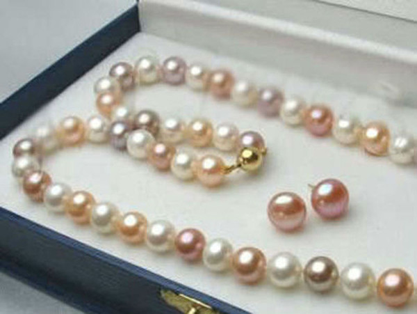 Genuine 8-9MM White/Pink/Purple Natural Akoya Cultured Pearl Necklace + Earrings