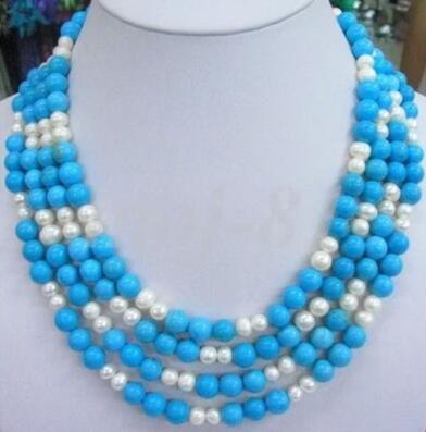 4 WHITE PEARL BEADED &STRANDS TURQUOISE NECKLACE