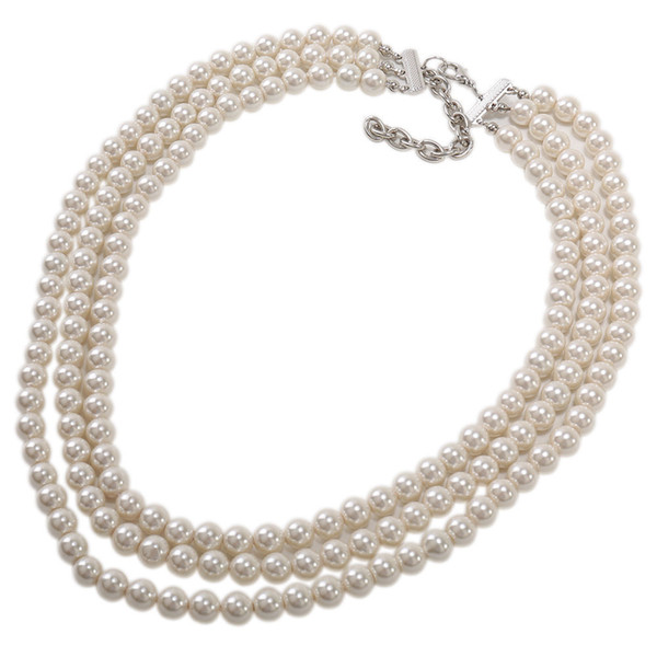 Kalse 3 Layers Strand Glitter Pearl White Beads Chunky Bib Choker Charm Necklace