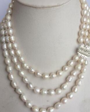 3Rows 8-9mm Natural White Rice Akoya Pearl Necklace 17 18 19 Inch