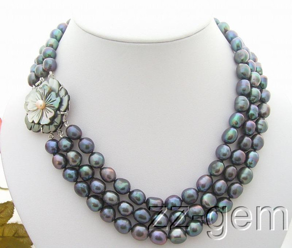 N0903038 3Strds Black Baroque Pearl Necklace-Cameo Flower Clasp