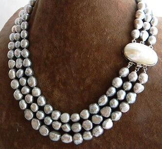 3Strands 18'' 9mm Gray Baroque Freshwater Pearl Necklace