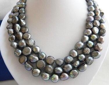 3Strands 18'' 12MM Baroque Gray Freshwater Pearl Necklace