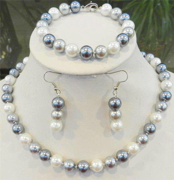 Woman 8mm Elegant White Silver Gray Shell Pearl Necklace Bracelets Earrings AAA