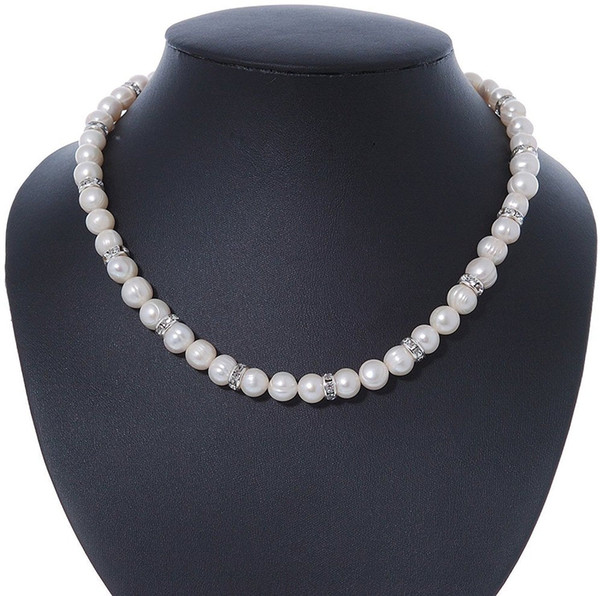 8-9mm Ringed White Freshwater Pearl With Crystal Rings Necklace In Silver Tone