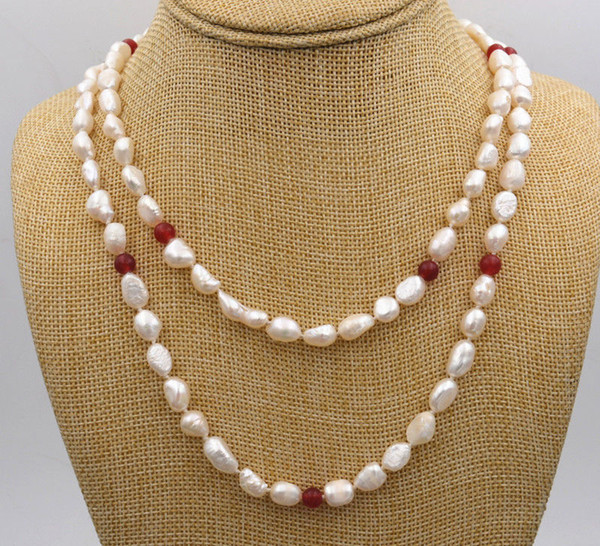 Pretty Natural 8-9 mm Freshwater Baroque Pearl & Red Jade jewelry necklace 36 