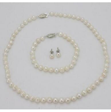 Genuine 7-8mm Real White Cultured Pearl Necklace Bracelet Earring Sets