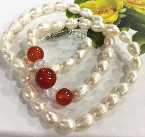 8-9mm akoya freshwater Rice pearl & Red agate necklace 18 AAA