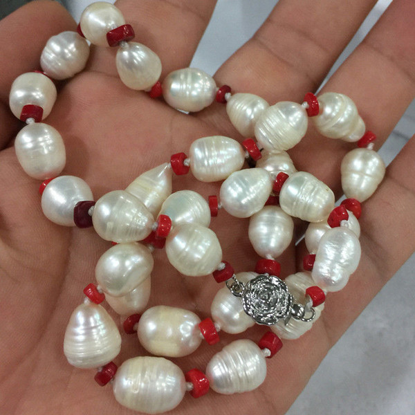 freshwater cultured rice pearl & red coral necklace 20 New 10-11mm