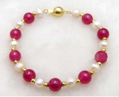 Beautiful 6-7mm White Natural Pearl & 8mm Rose Pink Jade 7.5'' Bracelet