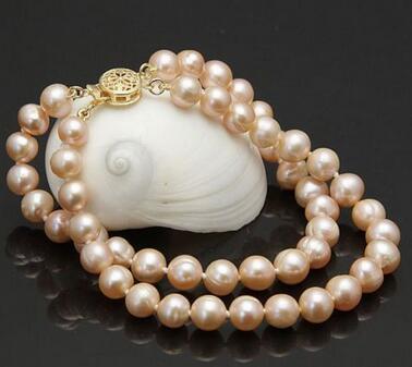 Genuine 8-9mm 2 Rows Pink Natural Freshwater Akoya Pearl Bracelet 7.5''