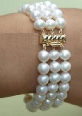 Graceful 3 rows 7-8mm white freshwater pearl bracelet Bangle 7.5'' AA++