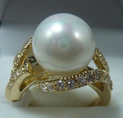 Pretty 18KGP 12MM White Shell Pearl Women' s Ring size 7#8#9#