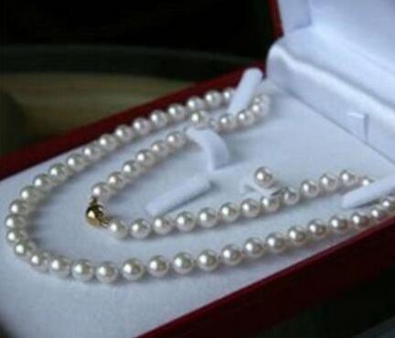 8MM White Akoya Shell Pearl Necklace + Earring Set AAA 18