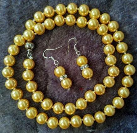 8mm Gold Akoya Shell Pearl necklace AAA 18 inches Earring Set 8906 07