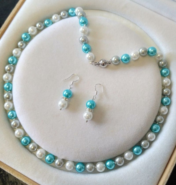 8MM Blue /White South Sea Shell Pearl necklace earrings set AAA Grade V16