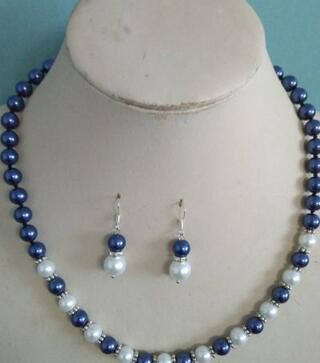 8mm Blue/white South Sea Shell Pearl necklace AAA 18 inches Earring Set K1