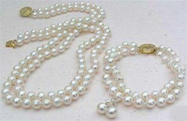 2 Rows White 8mm Shell Pearl Necklace Bracelet Earring Set 17-18