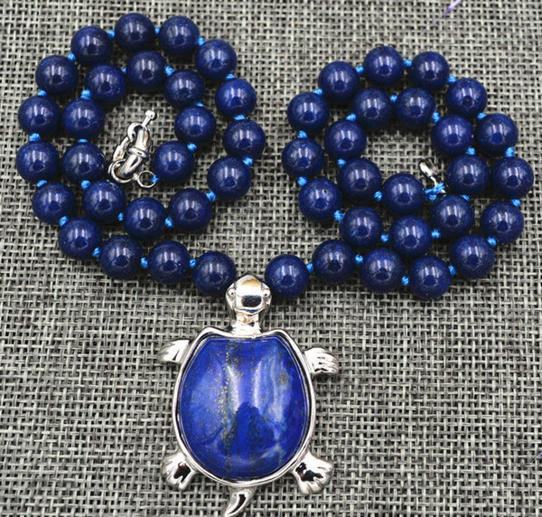 New 8mm Natural Lapis Gems Tortoise Pendant Necklace 18 '' AAA +++