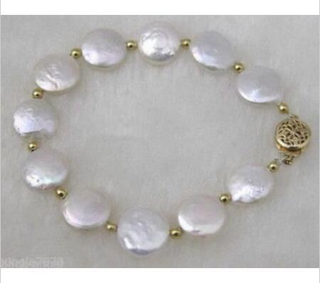 Genuine Charming! 12-13mm White Button Coin Pearl White Bracelet 7.5