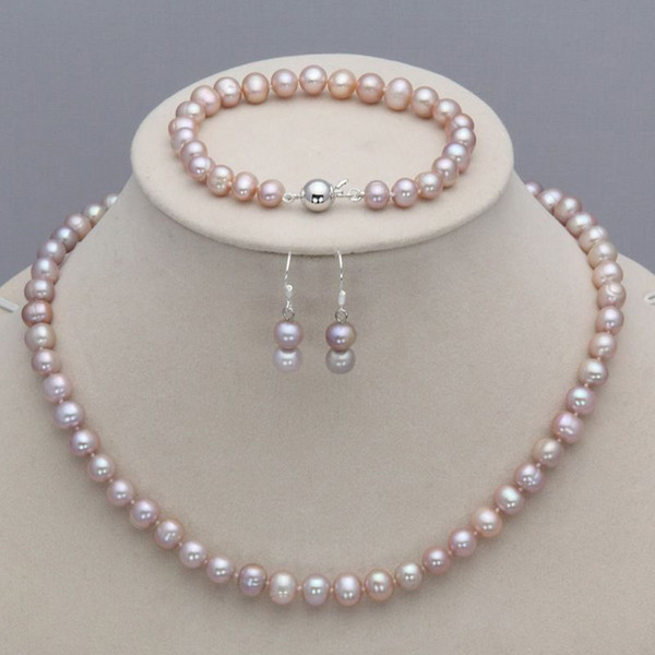 Real Natural 7-8mm Freshwater Pearl Necklace Bracelet Earrings Jewelry Set